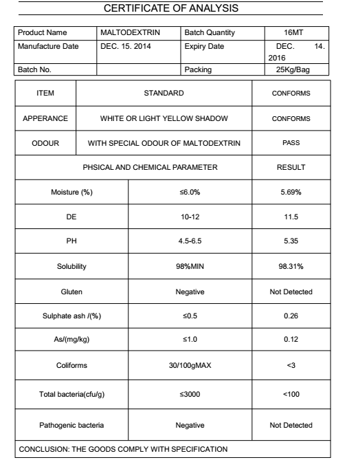 De 8-10, 10-12, 10-15 Food Additive Maltodextrin